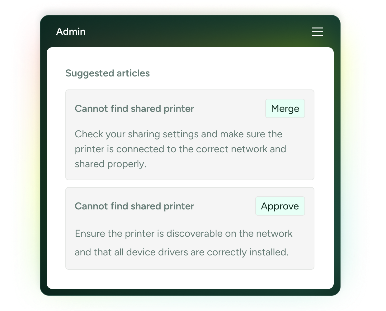 SysAid ITSM interface suggests solutions for shared printer issues with options to Merge or Approve articles. - SysAid