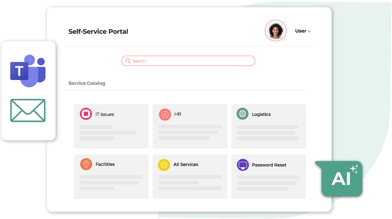 Screenshot of a self-service portal interface featuring search bar, user profile icon, and categorized service options like it, hr, and logistics.