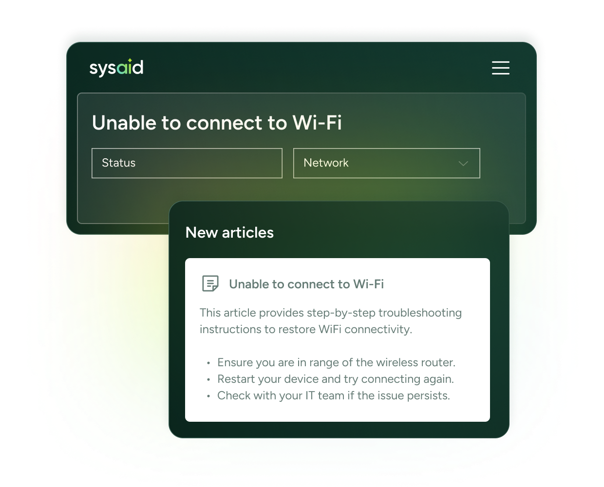 SysAid ITSM interface showing Wi-Fi error alert, troubleshooting steps, and network issue knowledge base suggestions. - SysAid
