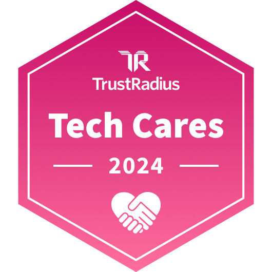 A pink hexagonal badge with "TrustRadius" at the top, "Tech Cares 2024" in the middle, and a handshake icon at the bottom, recognizing excellence in IT ticketing platforms. - SysAid