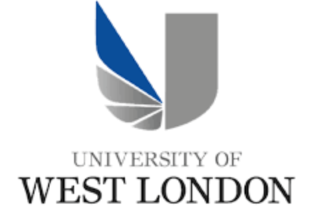 Logo of the university of west london featuring a stylized blue and gray leaf design next to bold gray text.